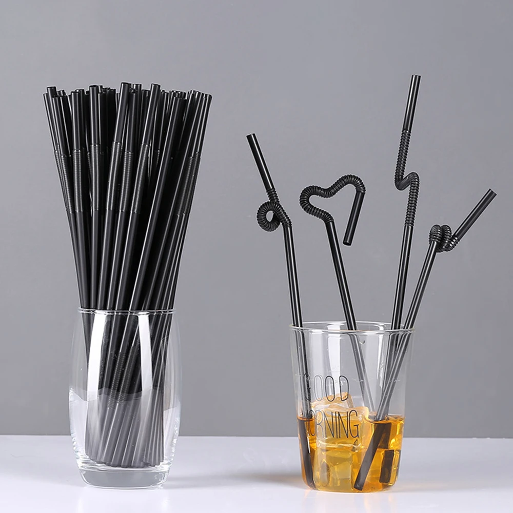 

100pcs Cocktail Straws Black Plastic Flexible Bendable Straw for Birthday Wedding Decorative Party Event Supplies
