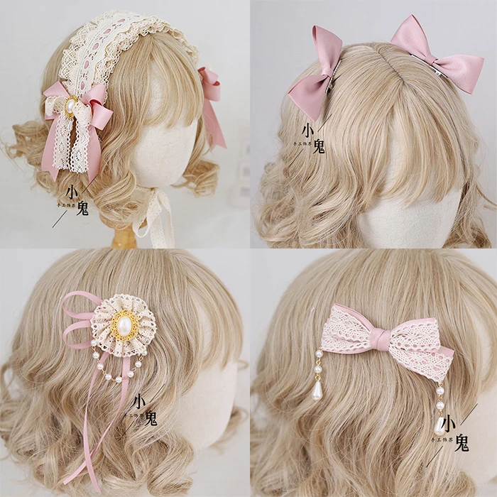 

Sweet Lolita Smoke Pink Cosplay Lace Trim Bow Hairband Side Clip Headdress KC Hair Hoop Headband Doll Master Hair Accessories