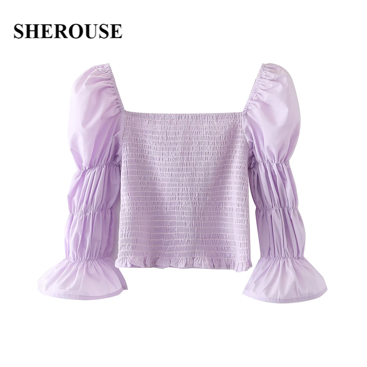 

Sherouse Women Fashion Violet Pure Cotton Blouse with Square Neckline Long Puff Sleeves Smocked Detail Chic Lady Woman Top