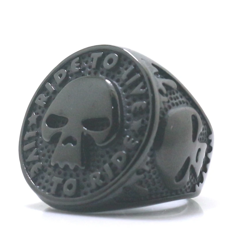 

Size 7 to Size 15 Unisex 316L Stainless Steel Cool Ride to Live, Live to Ride Black Flaming Skull Ring