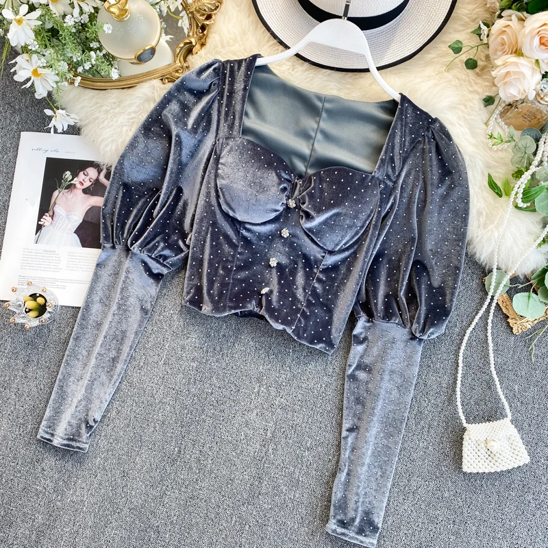 Женские бархатные блузки с длинным рукавом-фонариком роскошные черные короткие