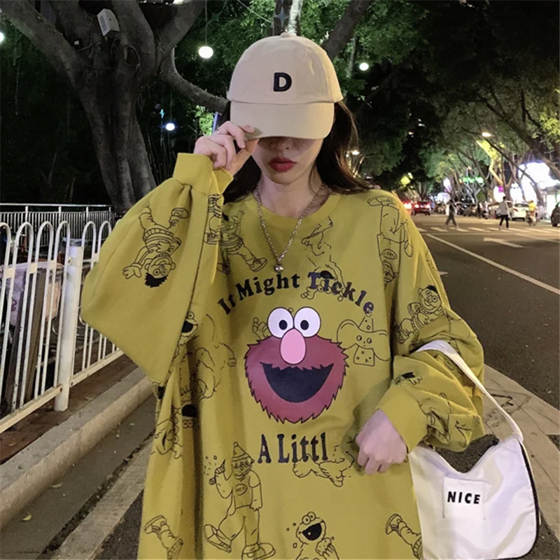 

Women's printed cartoon o-neck T-shirt creative loose T-shirt women's long sleeve oversized casual wear hip hop street style