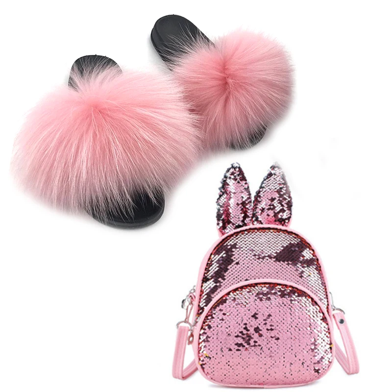 

Детская обувь, шлепанцы из лисьего меха, летние меховые шлепанцы для девочек, кожаные шлепанцы из лисьего меха, детская модная сумка с блест...