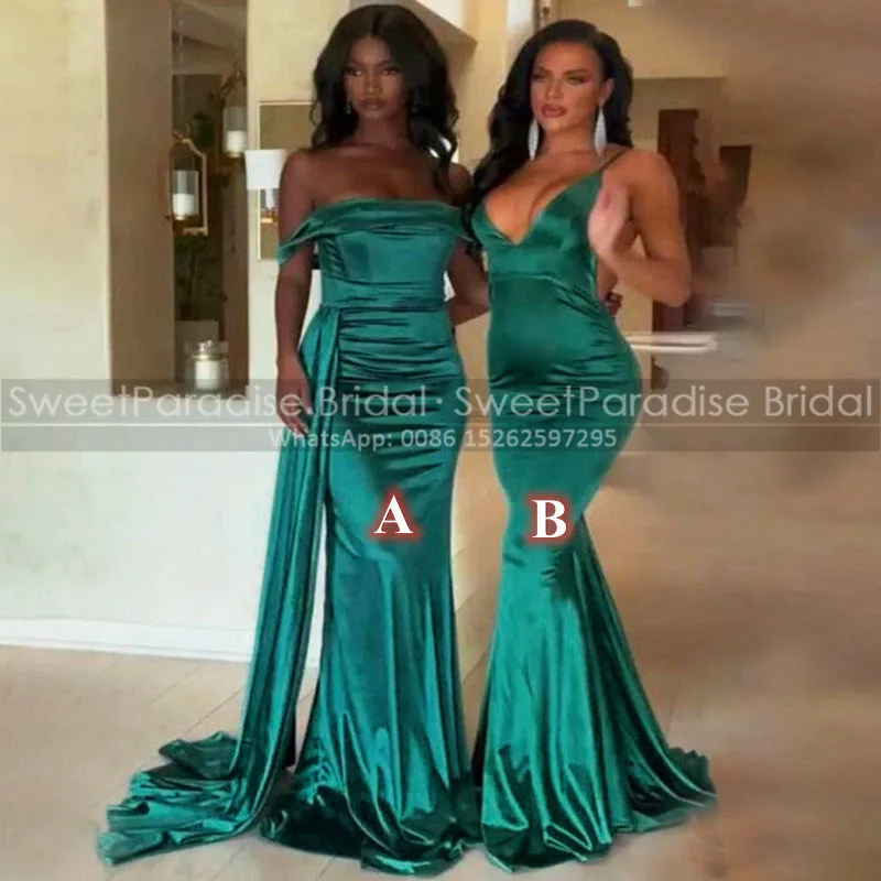 

Mermaid Hunter Green Long Bridesmaid Dresses With Streamer Spaghetti Plunging Neck Cheap Prom Dress Wedding Party Gown