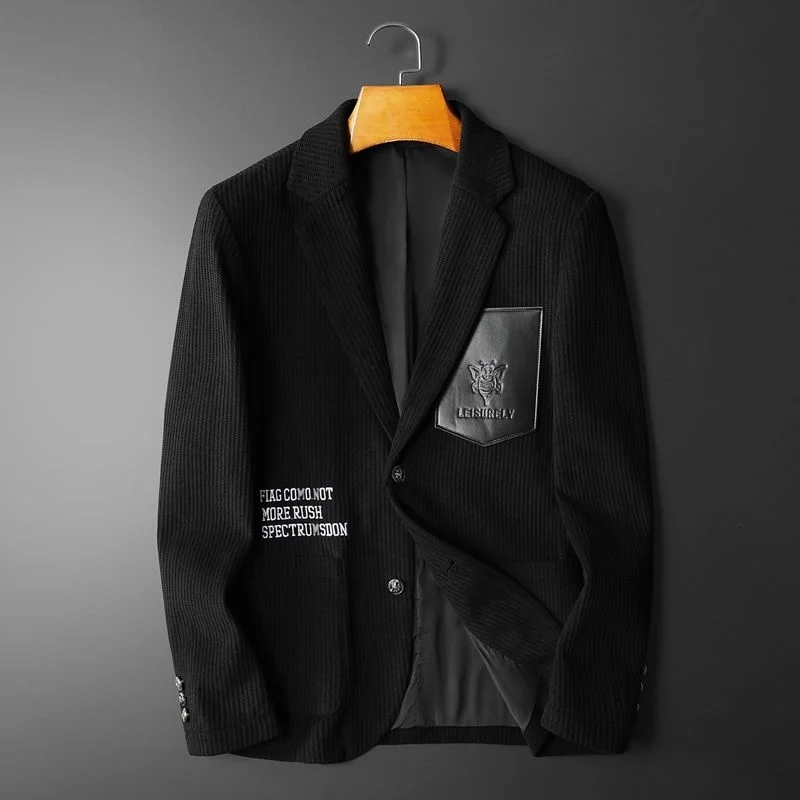 

Кожаный мужской Стильный блейзер с карманами в стиле пэчворк, мужской блейзер для делового костюма высокого качества, мужской блейзер