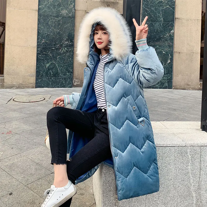 blue Шикарное бархатное меховое пальто с капюшоном зимнее пуховое пальто теплая куртка плюс размер длинный тонкий женский ватный ватник женская куртка на меху - Цвет: blue