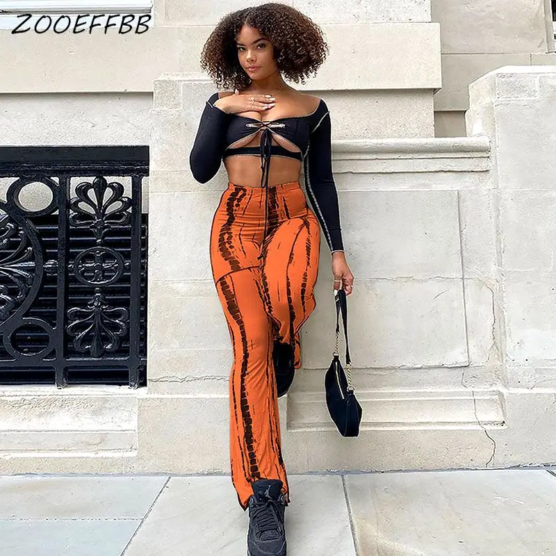 

ZOOEFFBB сексуальный комплект из двух предметов с открытой спиной бандажный корсет с длинным рукавом Топы осенние брюки модные повседневные ко...