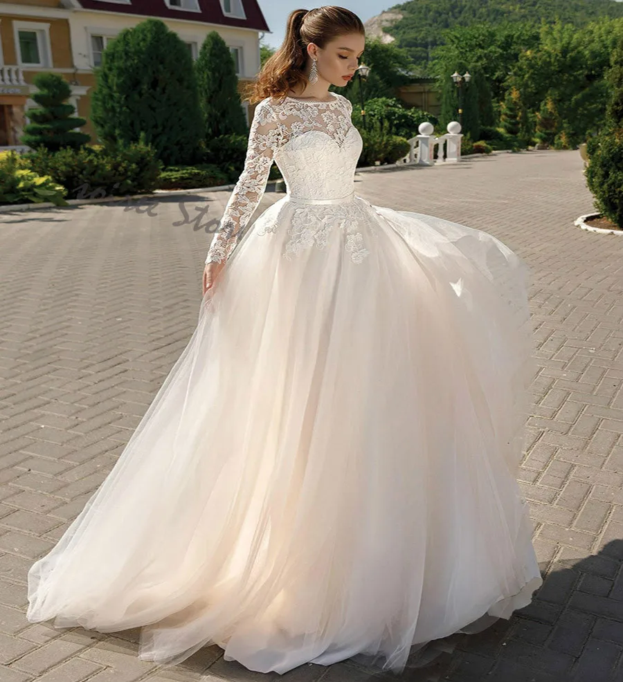 

Simple Long Sleeve Lace Wedding Dress 2021 Cheap Lace Up Boho Wedding Dress Ivory Tulle Full Length Country Garden Bridal Dress
