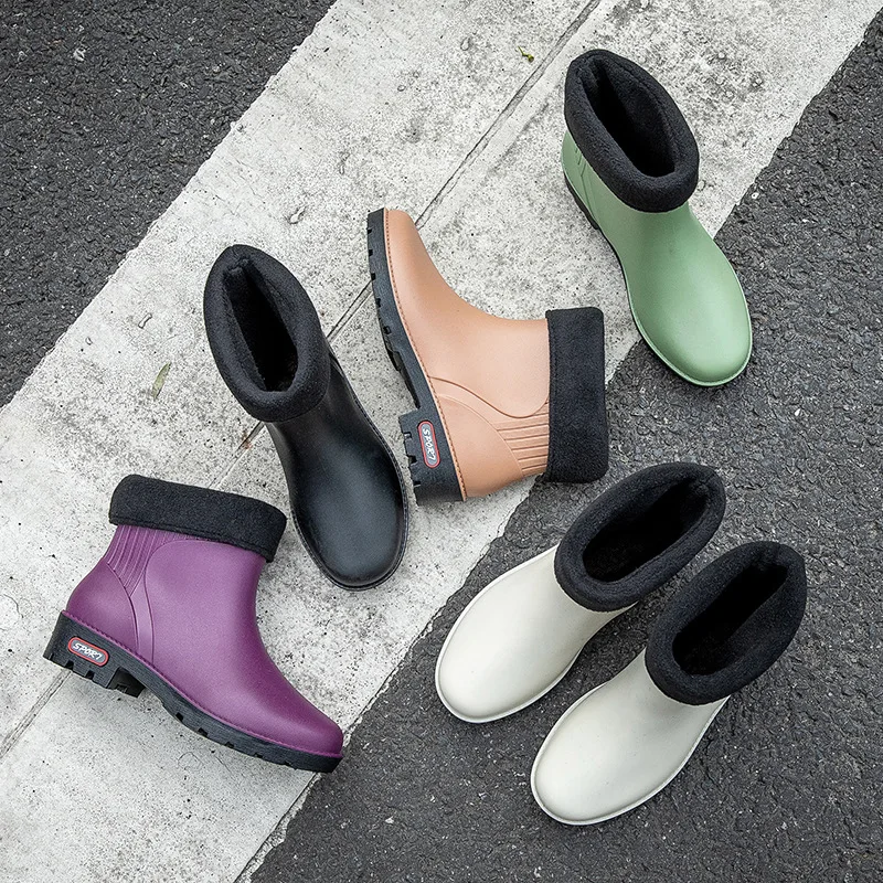 

Pvc Rainboots Women Waterproof Water Shoes with Sock Winter High Top Ankle Shoes Female Slip On Rain Boots Candy Color