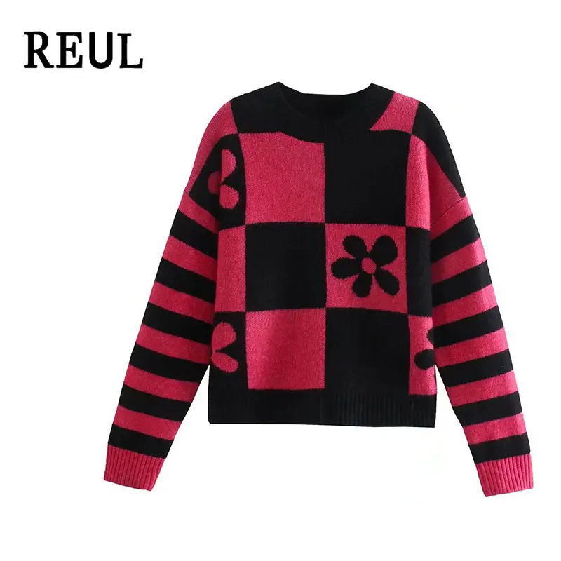 

REUL 2021 женский модный красный черный клетчатый вязаный мягкий свитер traf винтажный с длинным рукавом и круглым вырезом Женский пуловер шикар...