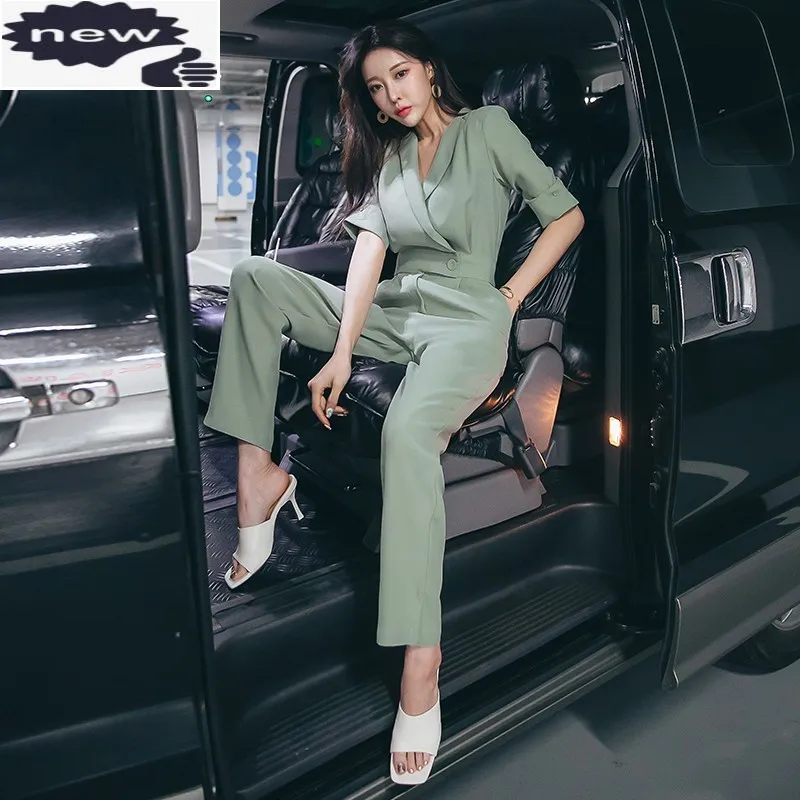 Elegant Suit Jumpsuits Office Lady Fashion Green Slim Fit V-Neck Short Sleeve Straight Jumpsuit Women Rompers Summer OL Overalls