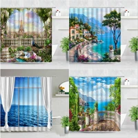 landscape shower curtains paris tower mediterranean ocean natural scenery backdrop wall decor bathroom bathtub screen with hooks