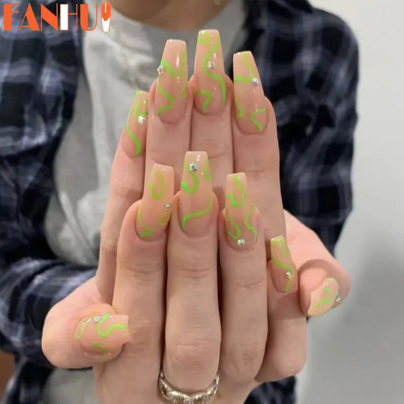Накладные ногти средней длины 24 шт./компл. простой узор в виде зеленых волн полное