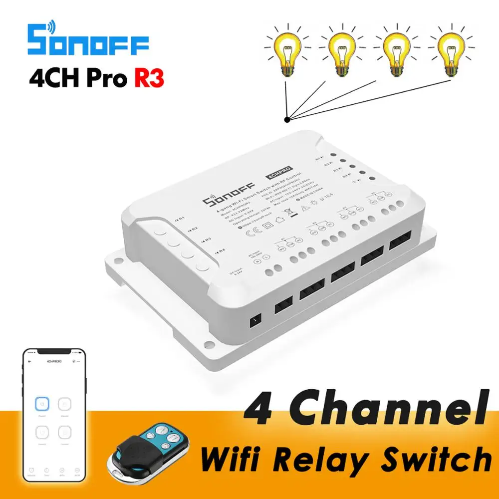 

Sonoff 4CH Pro R3 / 4CH R3, 4 Channel Smart Wifi Relay Switch, 433 RF eWelink APP Voice Control Work With Alexa Google Home