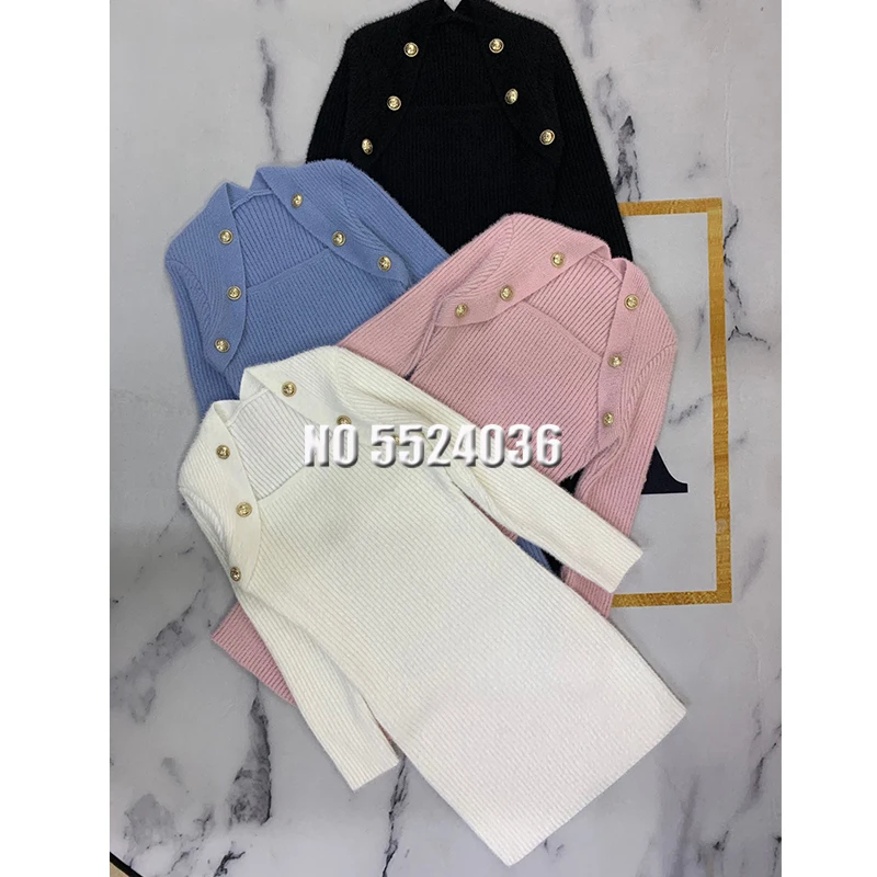 

New Autumn Winter Women Knitted Soild Gold Button Sweater Lady Slim Bodycon Long Sleeve Elasticity Mini Dress