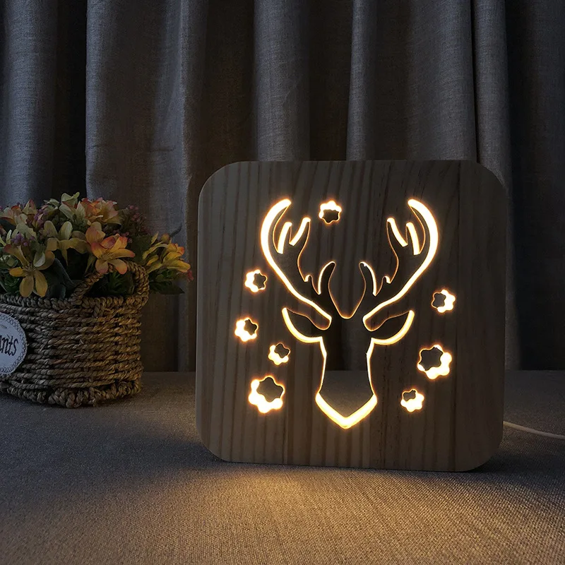 Deer Head Nightlight USB Creative Solid Wood 3D Lights Northern European Style Bedside Lamp Fairy Lights   Party Decoration