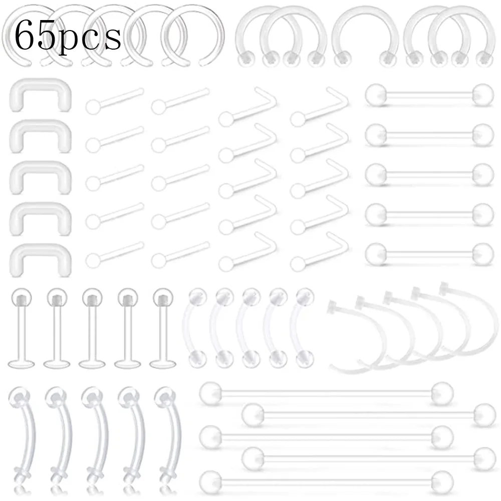 

Acrylic UV Transparent Lip Belly Piercing Jewelry Bulk Nose Ring Tongue Bar Eyebrow Labret Piercing Set Horseshoe Ring Lot Pack