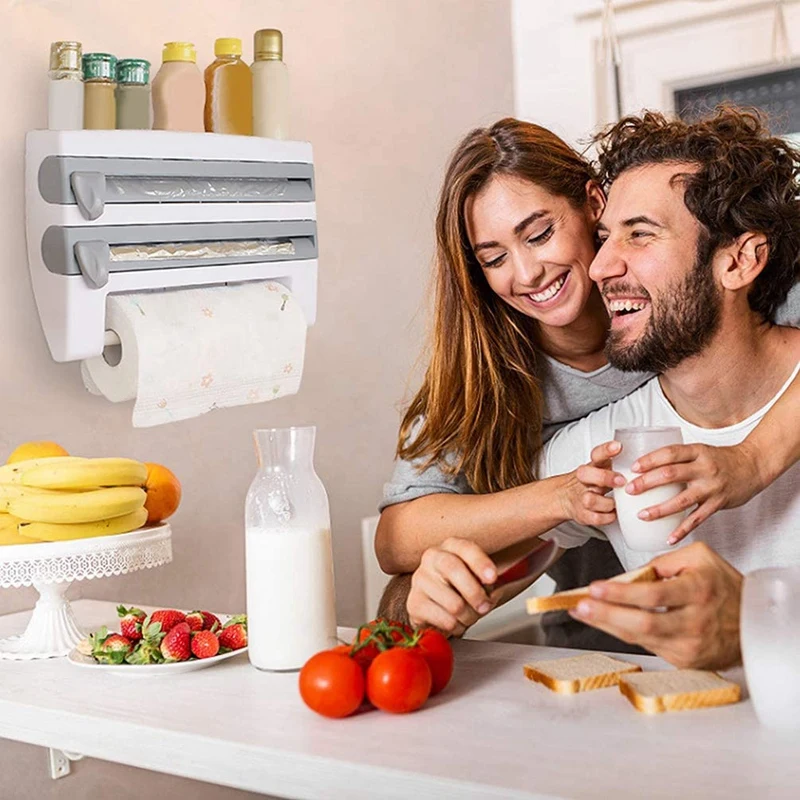 

Wall-Mount Paper Towel Holder, Multifunctional Kitchen Plastic Wrap Cling Film Foil Dispenser, Cutter Shelf