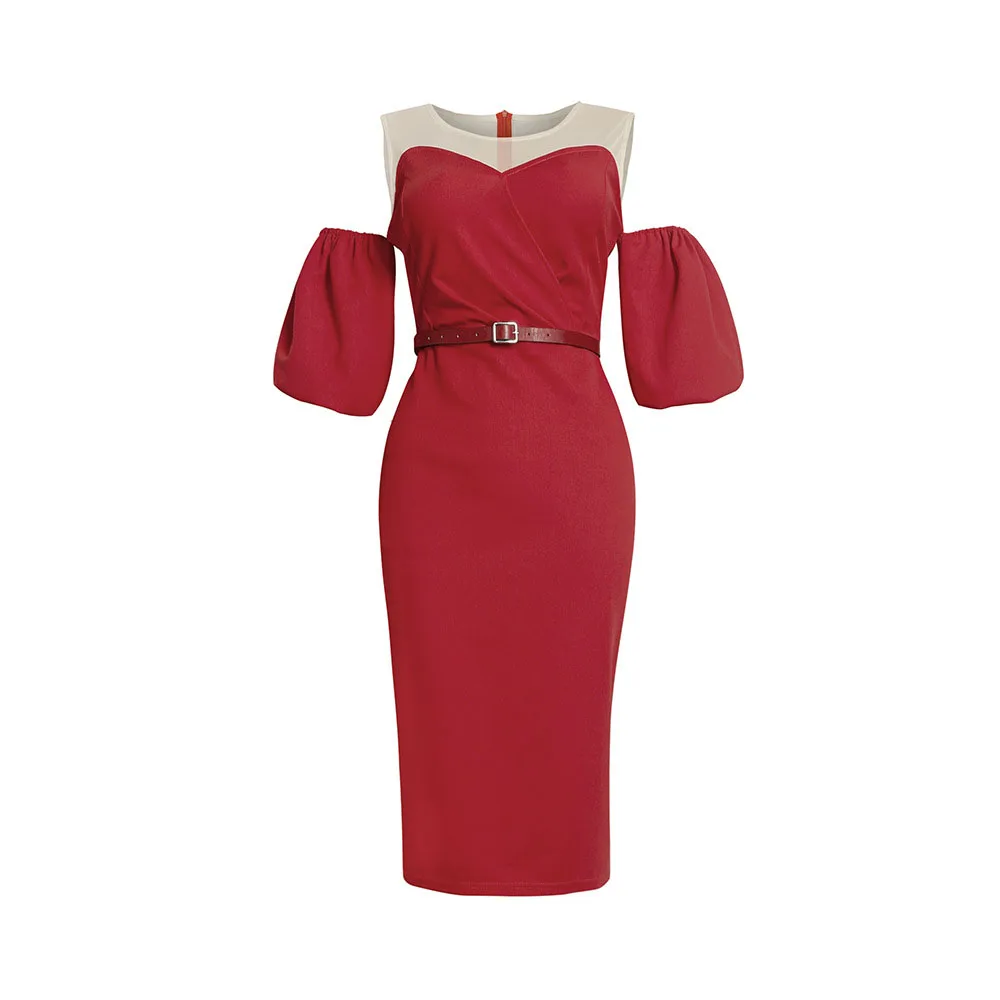 

2021 New Autumn African Women's Dress Puff Sleeve Fashion Splicing Strapless Solid Color Sexy High Waist Buttocks Round Neck