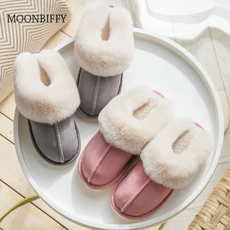 

Роскошные домашние женские меховые тапочки из искусственной замши, Зимние теплые плюшевые Нескользящие парные тапочки для спальни, женски...