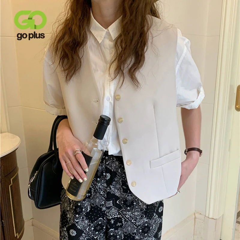 

GOPLUS Jackets Korean Fashion Vest Jacket Office Lady Sleeveless Coat V-Neck Waistcoat Vest Women Veste Blazer Sans Manche Femme