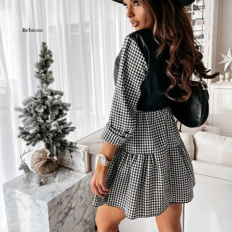 

Spring and Autumn Women's Patchwork A-Line Dress Long Sleeve Pu Leather Plaid Casual Autumn and Winter Sexy Color Combination Mi