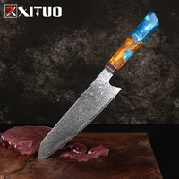 xituo damascus kitchen knife japanese vg10 steel professional kiritsuke chef knife octagonal blue resin handle cleaver gift box