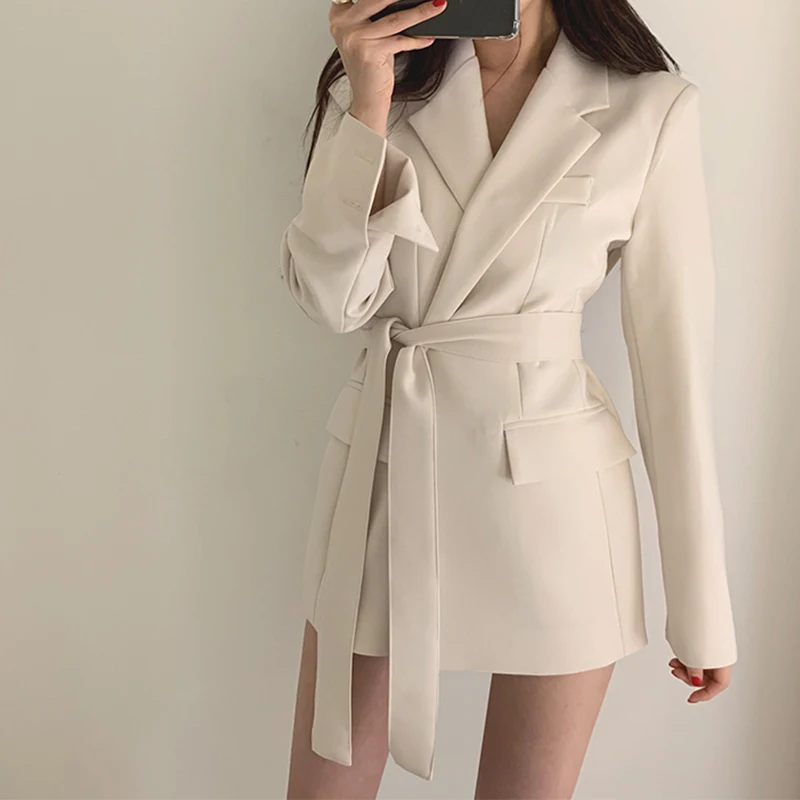 

Casual Notched Sashes Blazer Autumn Women Jacket Coat Office Lady Suit Dress Female 2020 Elegant Apricot Slim Blazer Outerwear