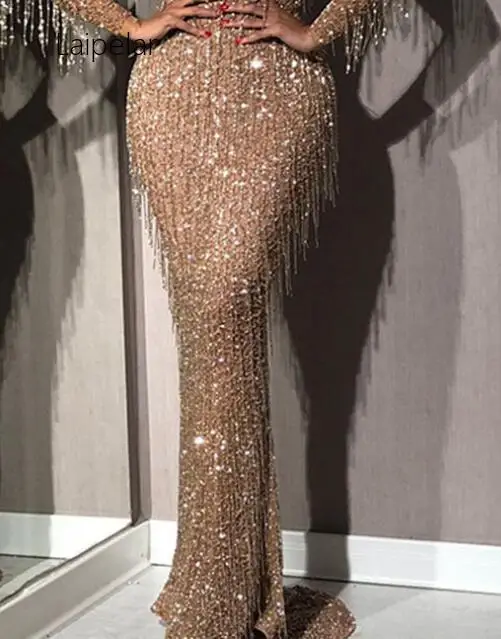

Top Popular Tassel Upmarket High Quality Untidy Sequined Flaring Sexy Solid Round Neck Full Sleeve Women Thin Maxi Dress