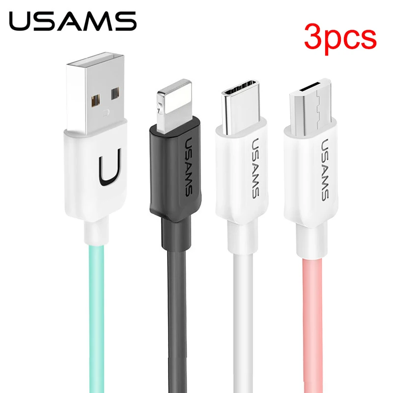 USAMS 3 шт. 1 м 2 А красочный Lightning Type C Micro USB мобильный телефон кабель для iPhone Huawei Xiaomi