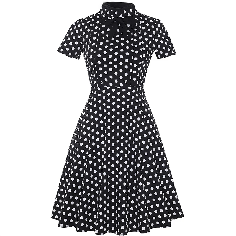 

2021 Vintage Bow O Neck High Waist Back Zipper Fly Dress Women Black White Dot Office Ladies Dresses