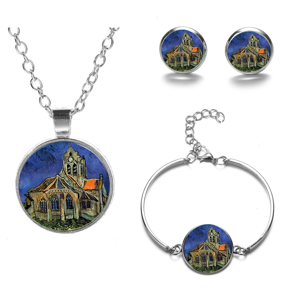 Classic Van Gogh The Starry Night Jewelry Sets Sunflower Art Photo Glass Pendant Necklace Earrings Bracelet Set For Women Gifts | Украшения