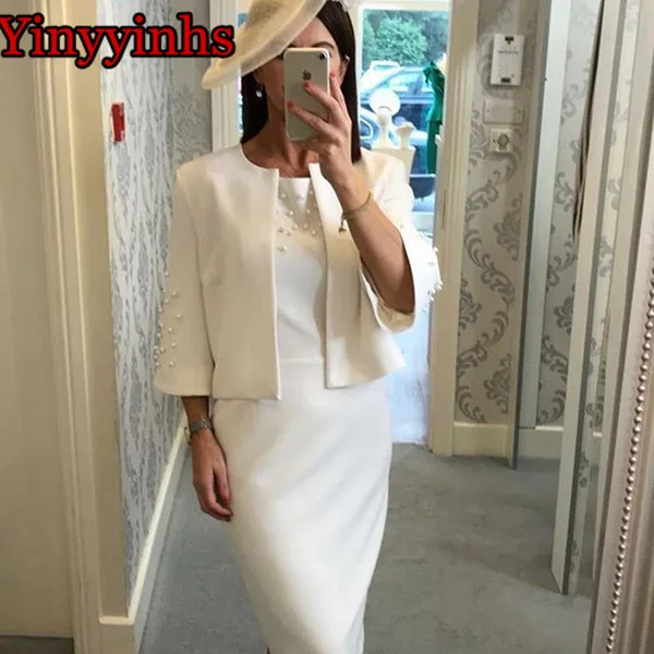 

Knee Length Mother of the Bride Dresses with Pearls 2 Piece with Jacket Mother Dress Satin Wedding Party Prom Groom Mother Gown