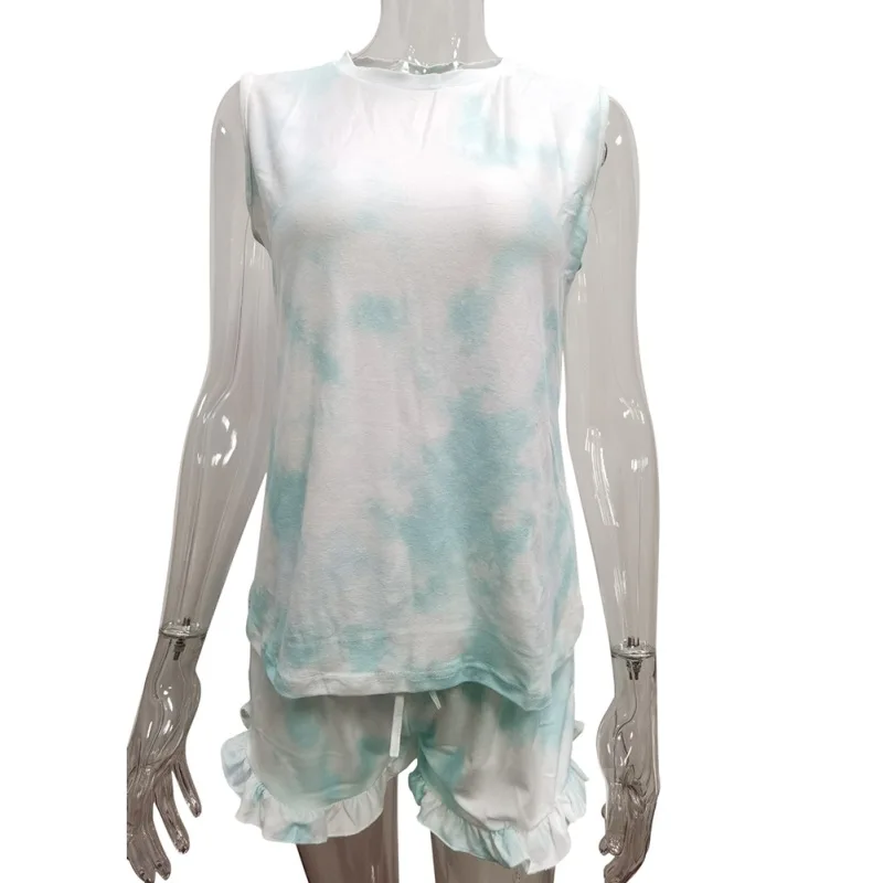 

Tie Dye Printed Summer Womens Home Wear Set Camis Tops And Ruffled Shorts Loungewear 2 Piece Set