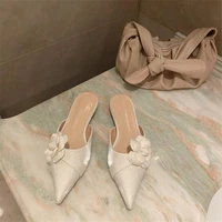 2021 new pointed flat womens shoes camellia sexy half slippers high quality fashion silk retro sandals fashion show size 4 7 8