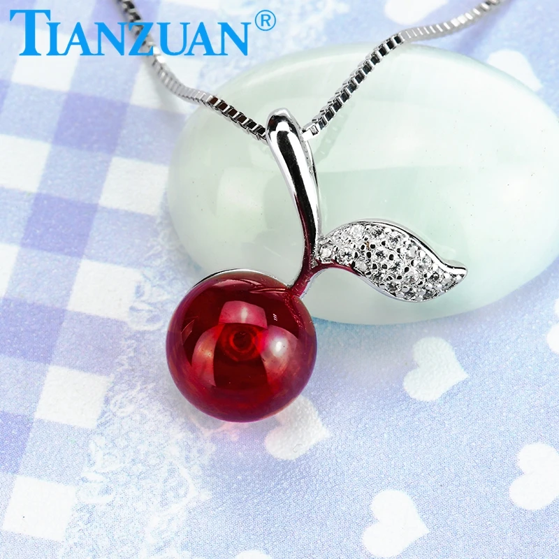 

5# artificial red ruby corundum ball shape fashion cherry pendant with 925 sliver chain necklace for jewelry