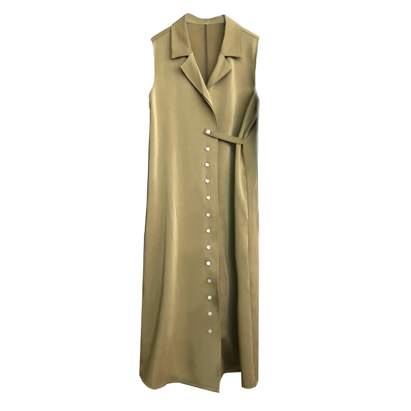Женское шелковое платье рубашка средней длины с отворотом без рукавов на кнопках