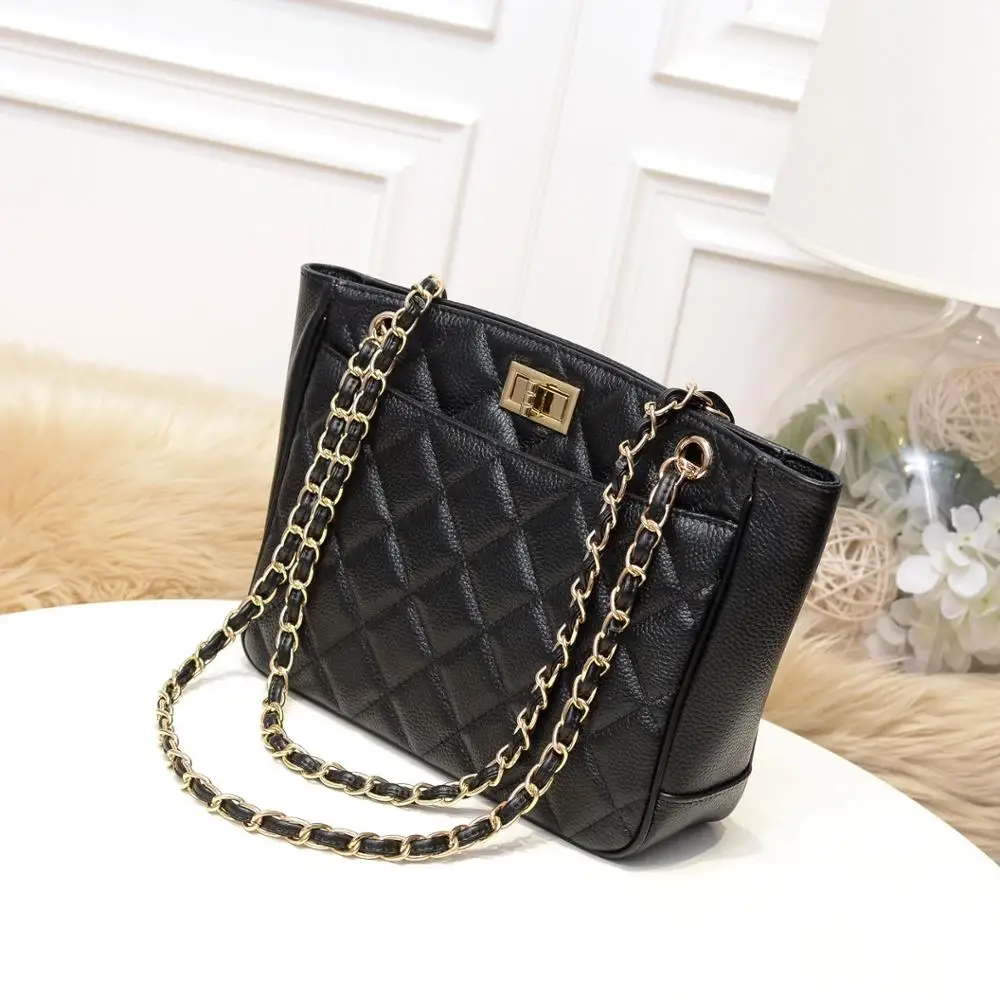 

free shipping 2020 the new style fashion diamond lattice gold chain nice genuine cow leather women one shoulder bag 25cm