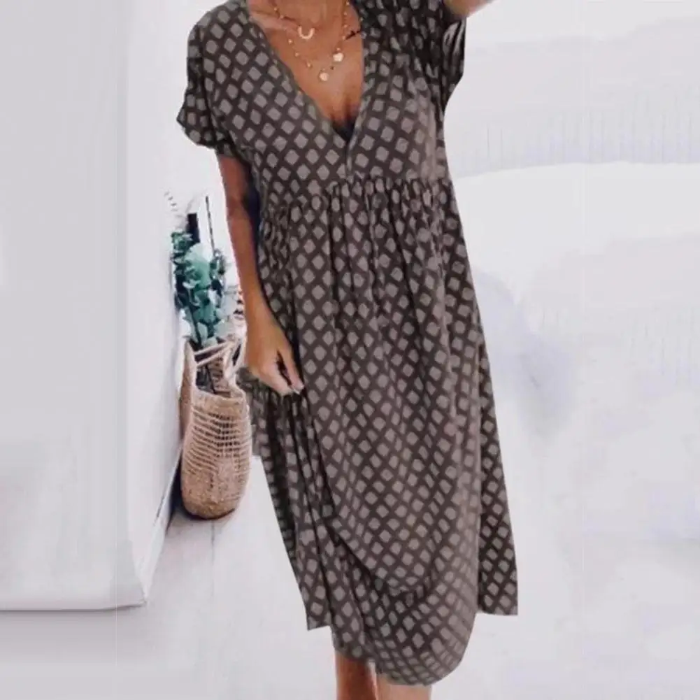 

HOT SALES!!! Women Boho Short Sleeve Deep V Neck Geometric Print Large Hem Loose Midi Dress