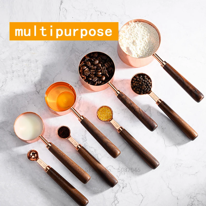 Купить Ореховая деревянная ручка с покрытием из меди, розовое золото, мерные искусственные кухонные принадлежности для выпечки, измерительные инс...