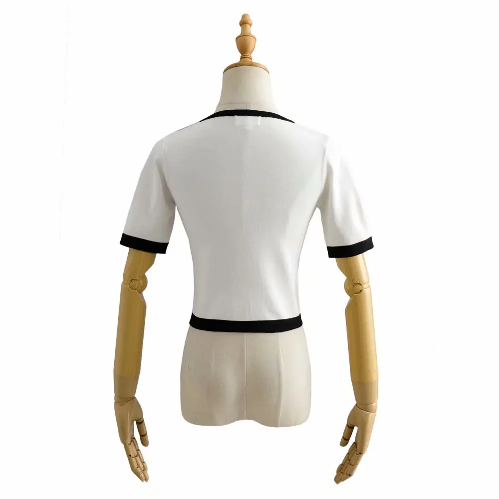 

2021 summer new pearl button pocket design stitching short sleeve elegant loose T-shirt top for women