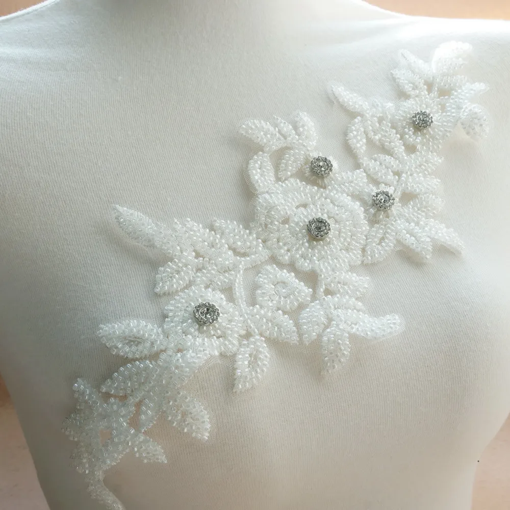 1 Pcs Heavily Beaded Lace Applique Neck-line Patch Crystal Rhinestones For DIY Sewing Wedding Dress Prom Ball Gown Ballet | Дом и сад