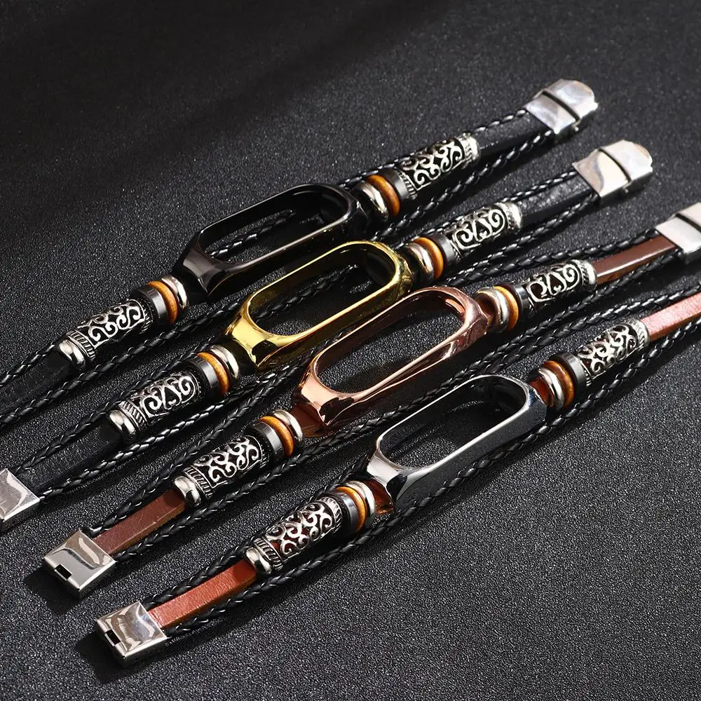 

Leather Weave Straps For Xiaomi Mi Band 4 3 5 NFC Smart Bracelet Metal Frame Watchbands Accessories For Miband 5 3 4 Wristband