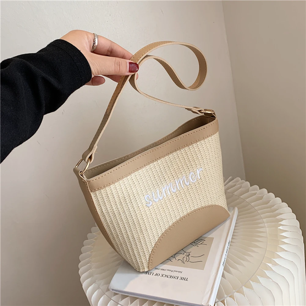 

Summer Casual Letters Embroidery Women Fashion PU Leather Woven Patchwork Bucket Shoulder Underarm Bags Ladies Small Handbags