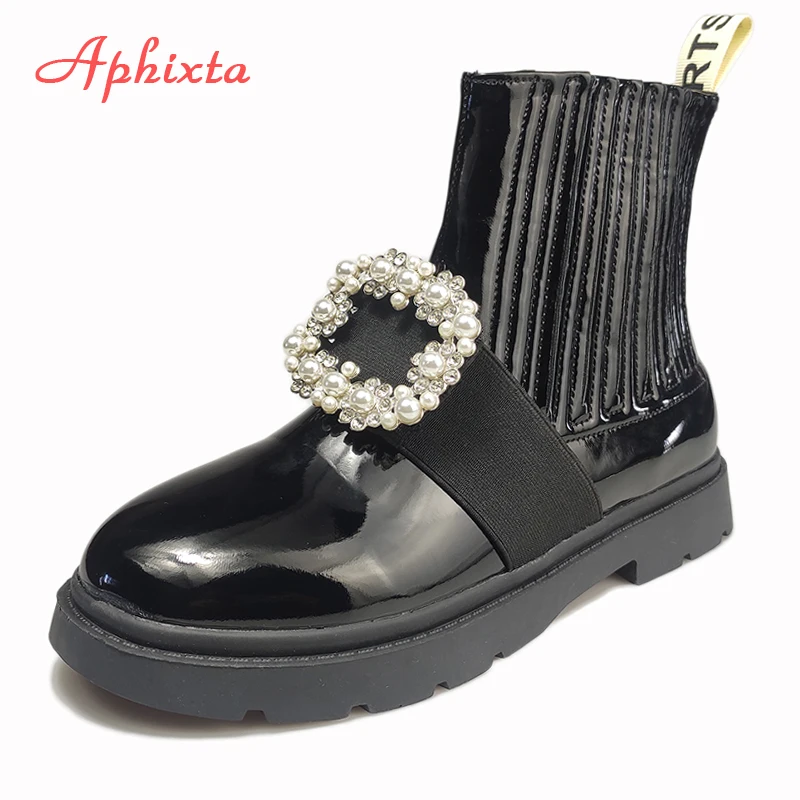

Aphixta Pearl Women Boots Fashion Round Toe Bling Crystals Buckle Ankle Martns Boots Slip-on Crystal Shoes Woman Boats