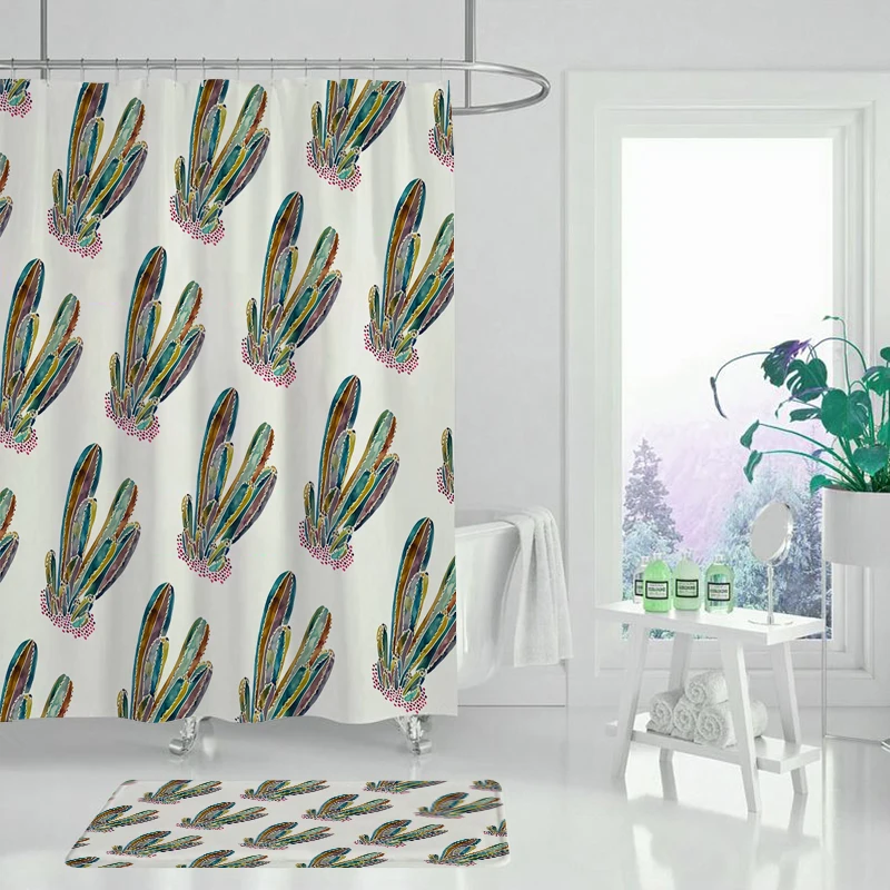 Занавеска для ванной из полиэстера с изображением кактуса и крючков защитой от