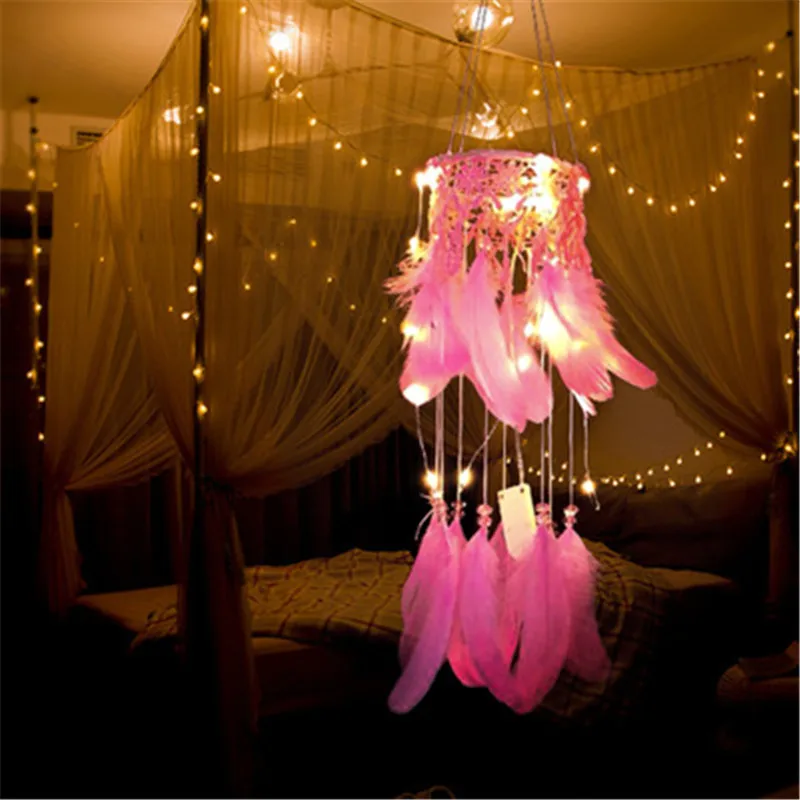 Розовое перо Ловец снов на стену висящий ветер куранты LED ремесла Лаки ночные