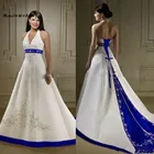 Элегантное Королевское голубое и белое свадебное платье es 2020 сексуальное Холтер открытая спина вышивка свадебное платье в стиле кантри свадебное платье дешевого размера плюс пляж