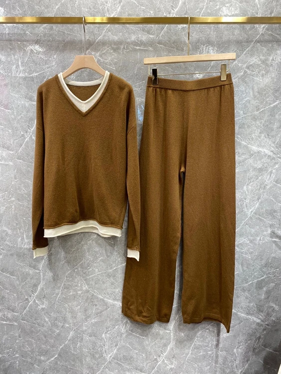 

2021 new women fashion V-neck fake two-piece wool knitted top + straight leg pants simple suit 1124