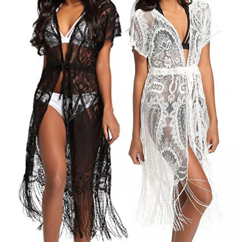 Womens Short Sleeves V-Neck Kimono Cardigan Hollow Crochet Floral Lace Drawstring Bikini Cover Up Long Tassels Midi Beach Dress | Женская